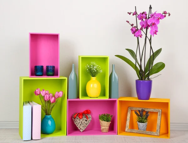 Hermosos estantes de colores con diferentes objetos relacionados con el hogar —  Fotos de Stock