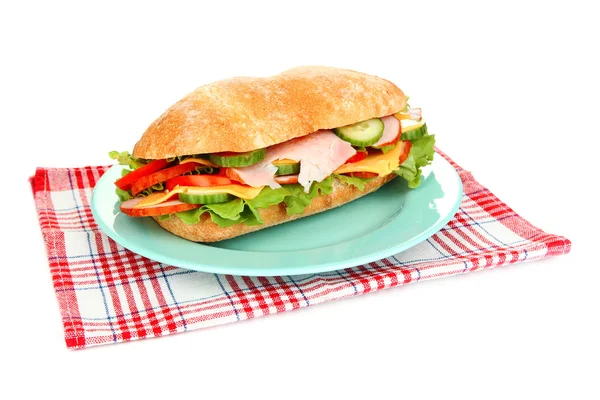 Čerstvé a chutné sendvič se šunkou a zeleninou izolovaných na bílém — Stock fotografie
