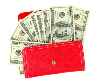 çanta üzerinde beyaz izole yüz dolarlık banknot ile