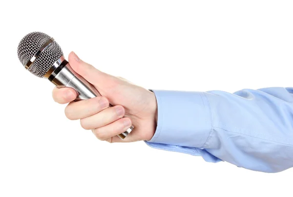 Mužské ruky s mikrofonem izolovaných na bílém — Stock fotografie