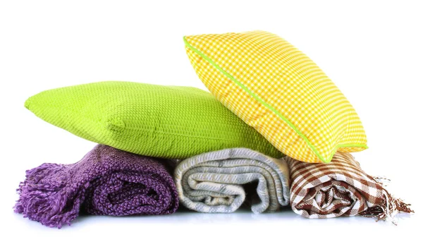 Plaids and color pillows, isolated on white — Stock Photo, Image