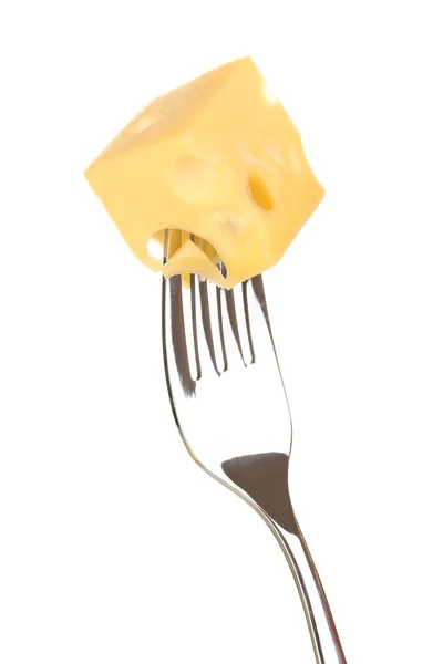 Cubo de queijo em garfo isolado em branco — Fotografia de Stock