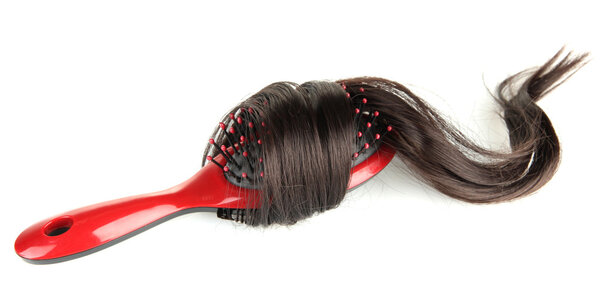 comb brush with hair, isolated on white