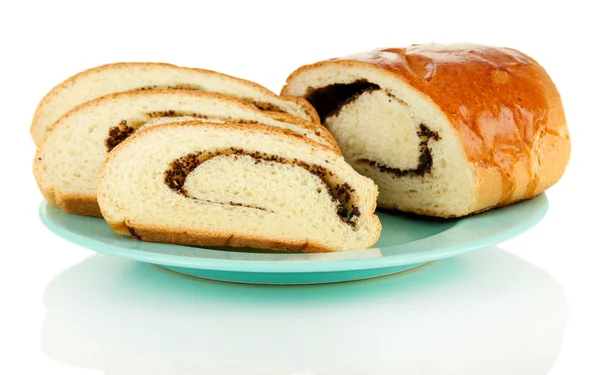 Chleb z makiem na kolor płyty, na białym tle — Zdjęcie stockowe