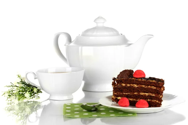 Teapot, cup of tea and delicious cake isolated on white — Stock Photo, Image