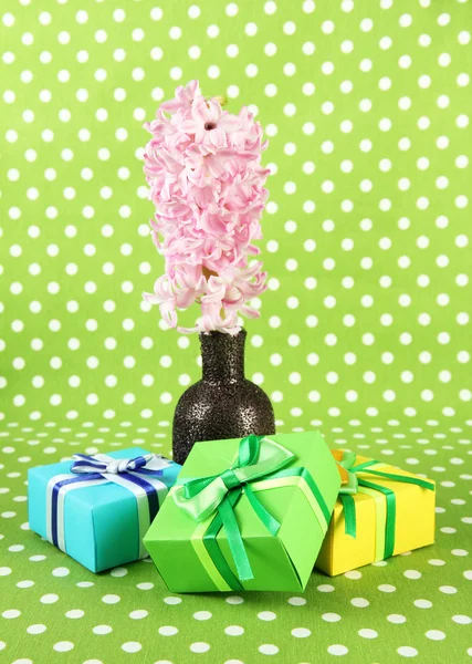 Beautiful hyacinth in vase and beautiful gifts, on color background — Stock Photo, Image