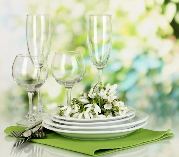 Serving dishes and snowdrops on natural background — Stock Photo, Image