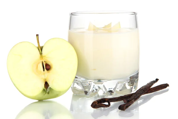 Delicious yogurt in glass with apple isolated on white — Stockfoto