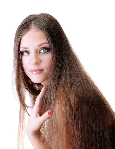 Portrait de belle femme aux cheveux longs, isolé sur blanc — Photo