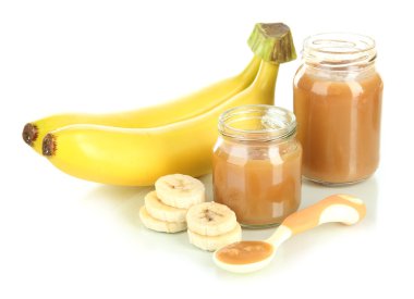 Bebek püre muz üzerinde beyaz izole ile