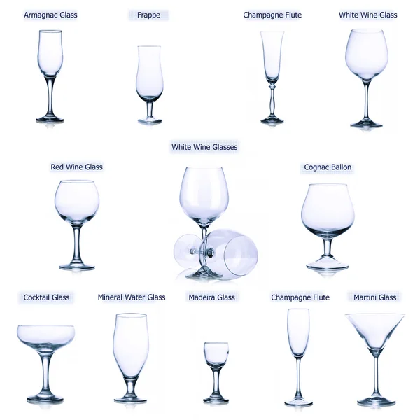 Collection of empty glasses with designation isolated on white background — Stock Photo, Image