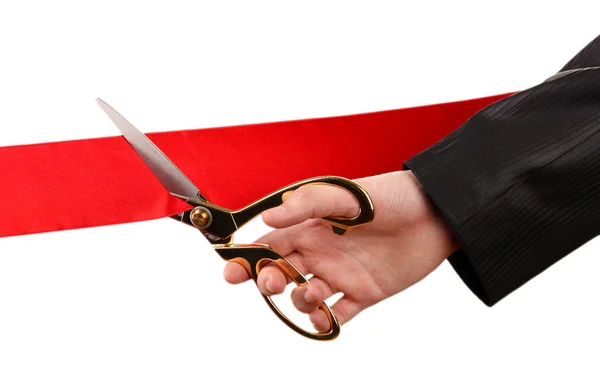 Cutting red ribbon, isolated on white — Stockfoto