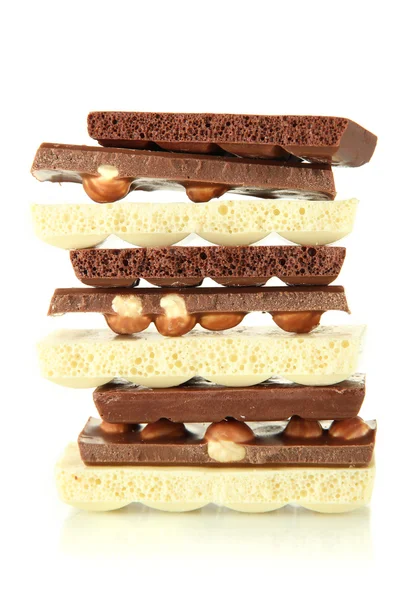 다크, 화이트 초콜렛과 견과류, 흰색 절연와 초콜릿 — 스톡 사진