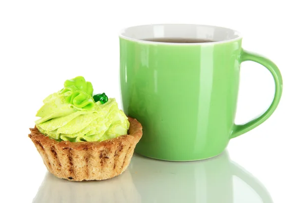 Cup of tea with cake isolated on white — Stock Photo, Image