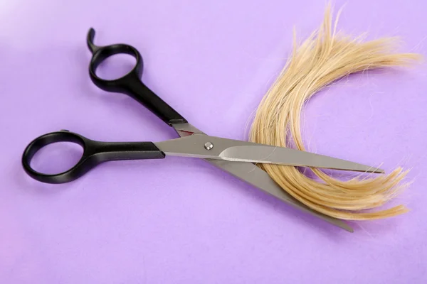 Trozos de cabello cortado con tijeras sobre fondo morado — Foto de Stock