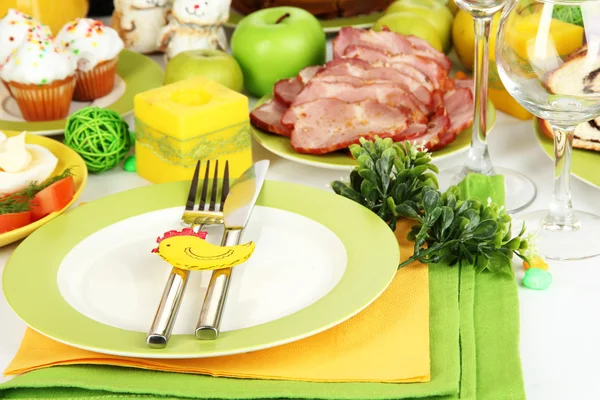 Serving Easter table with tasty dishes close-up — Stock Photo, Image