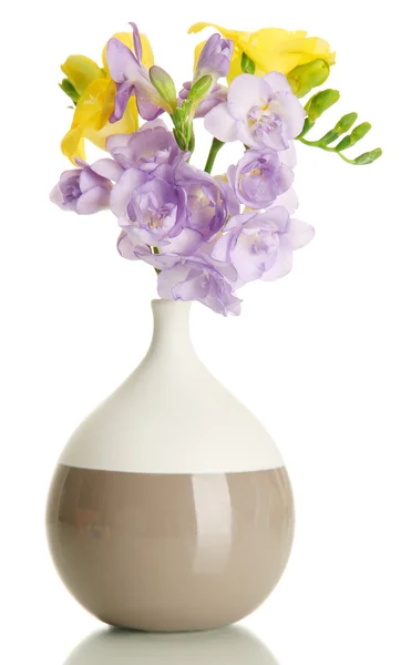 Belo buquê de freesias em vaso, isolado em branco — Fotografia de Stock