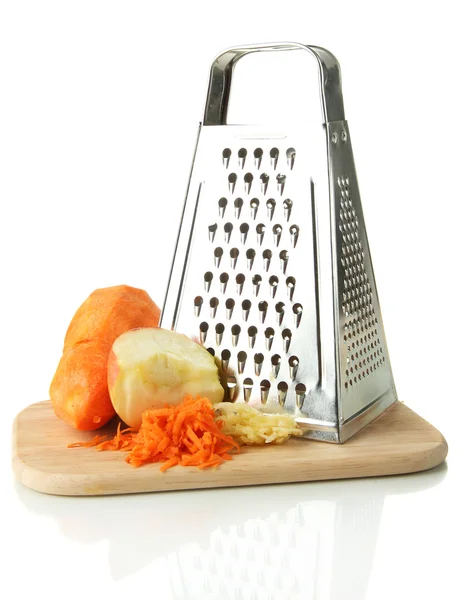 Metal grater and apple, carrot on cutting board, isolated on white — Stock Photo, Image