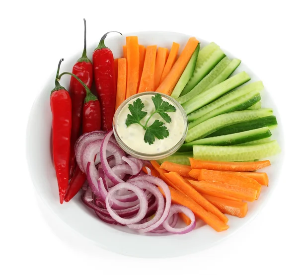 Assorted raw vegetables sticks in plate isolated on white — Stock Photo, Image