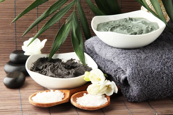 Sammansättning med kosmetiska lera för spa-behandlingar på bambu bakgrund — Stockfoto