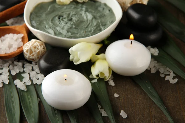 Komposition mit kosmetischem Ton für Wellness-Behandlungen, auf Palmblatt-Hintergrund — Stockfoto