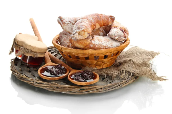 Taste croissants in basket and jam isolated on whit — Stock Photo, Image