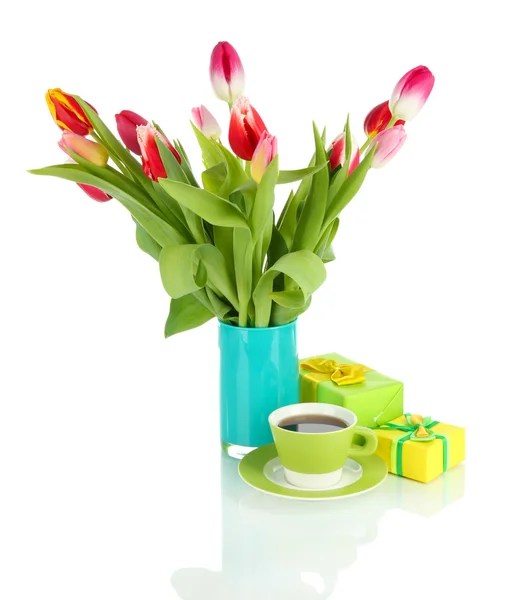 Beautiful tulips in bucket with gifts and cup of tea isolated on white — Stock Photo, Image