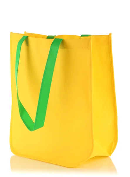Saco amarelo com alças verdes isolado no whit — Fotografia de Stock