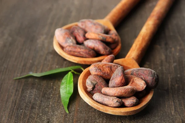 Fagioli di cacao con foglie in cucchiai su sfondo di legno — Foto Stock