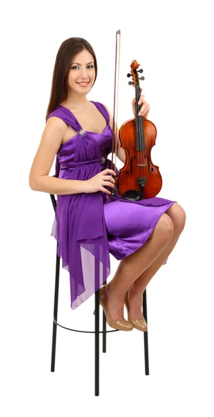 Hermosa joven con violín, aislada en blanco — Foto de Stock