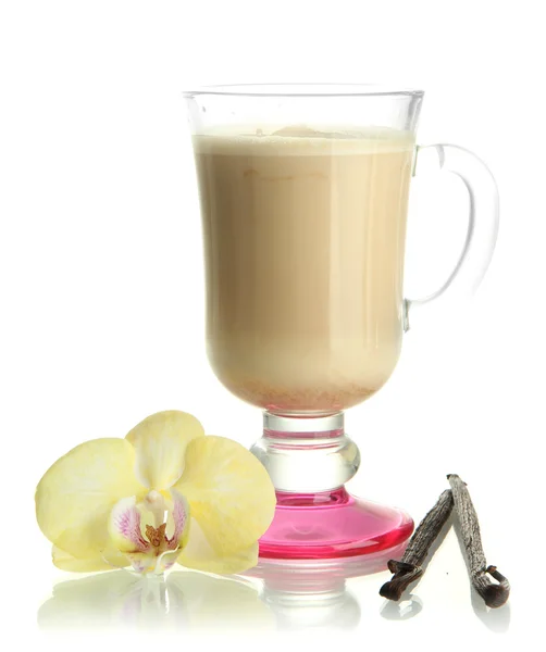 Fragrant coffee latte in glass cup with vanilla pods isolated on white — Stock Photo, Image