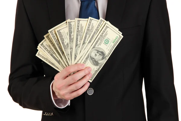 Homem de negócios detém muito dinheiro isolado em branco — Fotografia de Stock