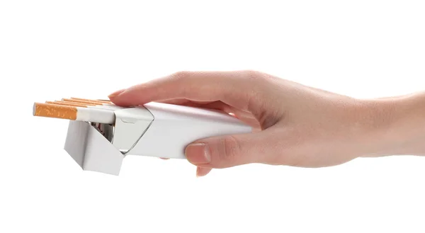 Woman hand with box of cigarettes, isolated on a white — Stock Photo, Image