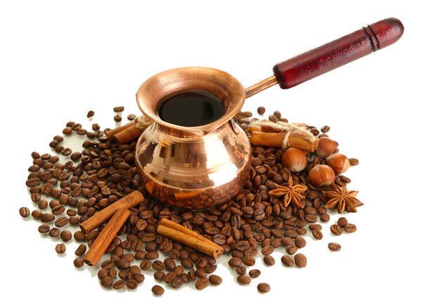 Coffee pot and coffee beans, isolated on white