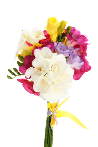 Beautiful bouquet of freesias, isolated on white — Stock Photo, Image