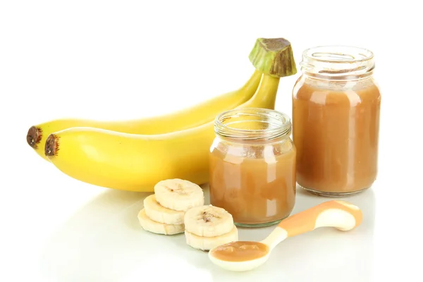 Baby puree with bananas isolated on white — Stock Photo, Image