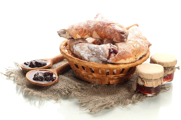 Taste croissants in basket and jam isolated on whit — Stock Photo, Image