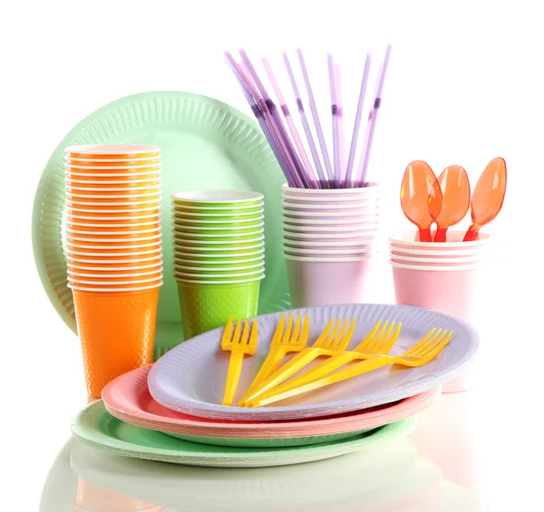 Multicolored plastic tableware isolated on white — Stock Photo, Image