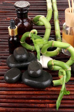 ahşap masa yakın çekim üzerinde bambu dalları ile Spa kompozisyon