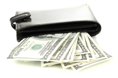 m-cüzdan ile üzerine beyaz izole yüz dolarlık banknot