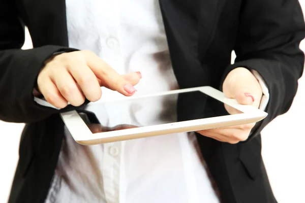 Young businesswoman working on digital tablet,close up, isolated on white — Stock Photo, Image