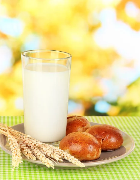 Bread roll and glass of milk on nature background — Stock Photo, Image