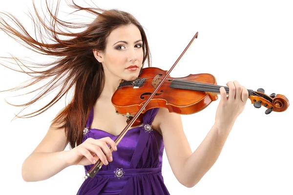 Bella ragazza con violino, isolata su bianco — Foto Stock