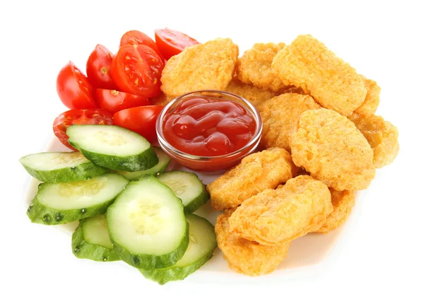 Fried chicken nuggets with sauce and vegetables isolated on white — Stock Photo, Image