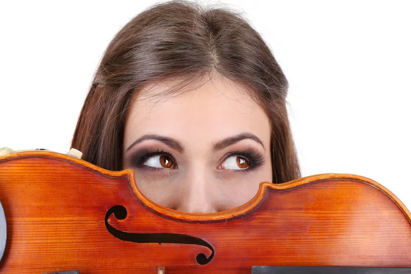 ヴァイオリン、白で隔離される美しい若い女の子 — ストック写真