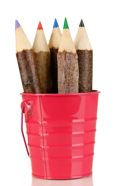 Colorful wooden pencils in pink purple green pail isolated on white — Stock Photo, Image