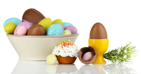 Composition of chocolate eggs and Easter cake isolated on white — Stock Photo, Image