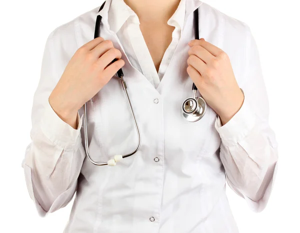 Médecin avec stéthoscope dans les mains isolées sur blanc — Photo