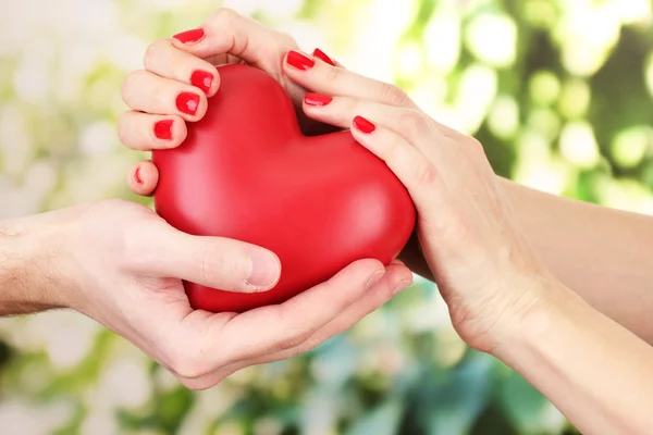 Red heart in woman and man hands, on green background — Stok Foto
