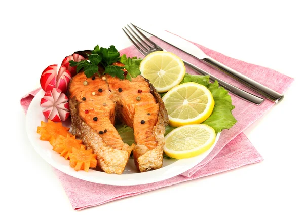 Appetizing grilled salmon with lemon and vegetables isolated on white — Stock Photo, Image